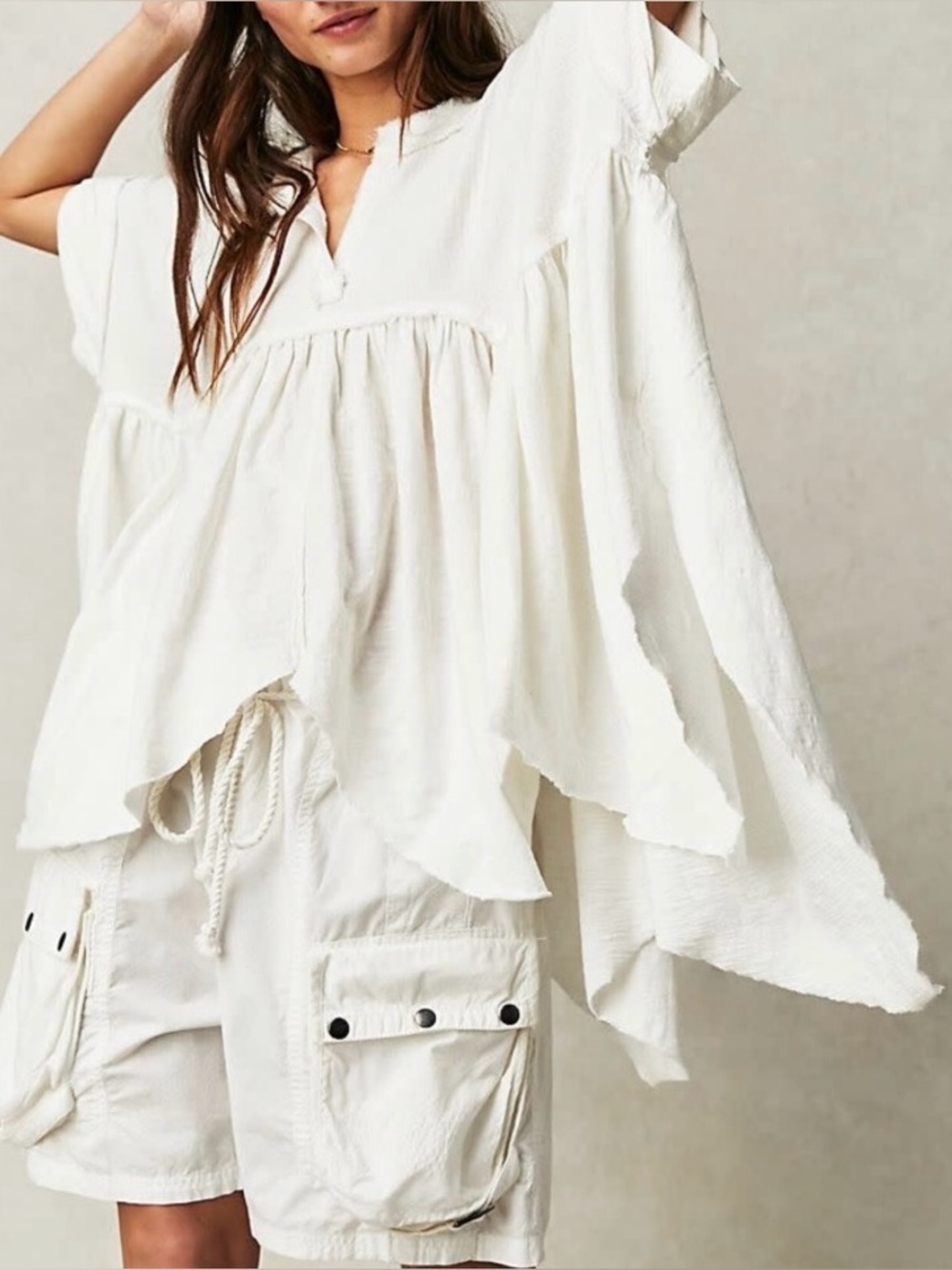 We The Free Sugar Rush Oversized Relaxed Babydoll Gauze Raw-edge Flowy Top Drape